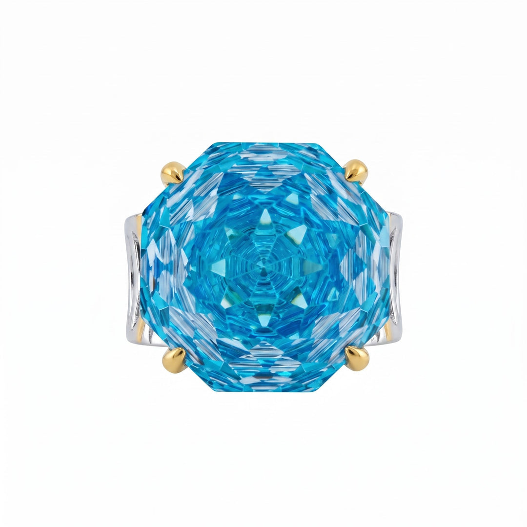 Blue Topaz crystal emerald cut two-tone cocktail ring for women, gold and rhodium finish - RANGREZ