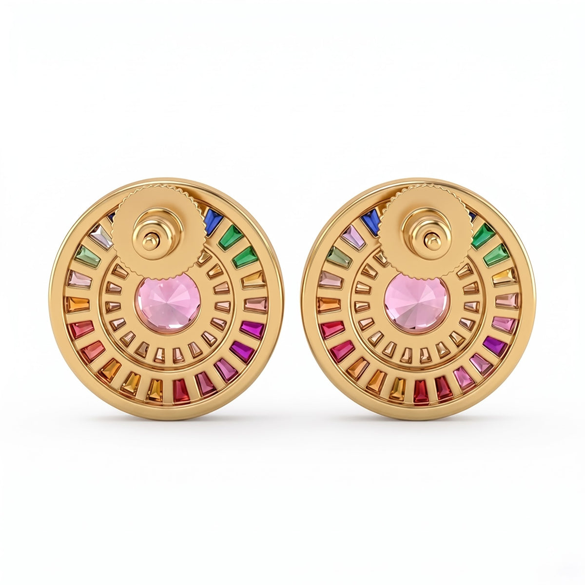 Orbis Multicolour Crystal Round Halo Stud Earrings, Gold finish