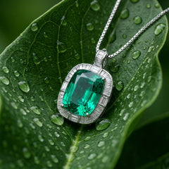 Regalia Green Crystal Cushion Baguette Pendant Necklace, Rhodium finish