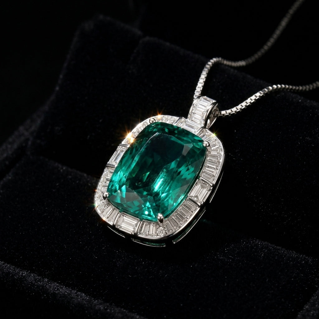 Regalia Green Crystal Cushion Baguette Pendant Necklace, Rhodium finish
