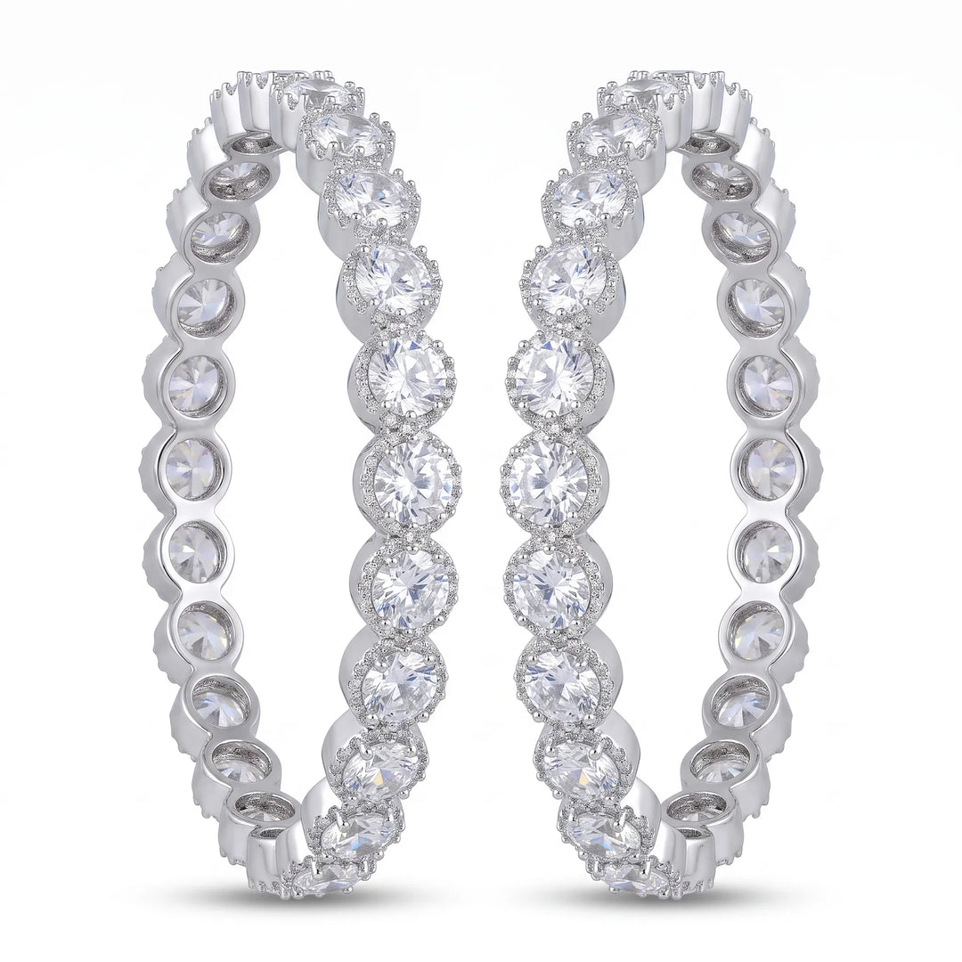 White crystal solitaire eternity bangles pair for women, rhodium finish (view 3) - RANGREZ