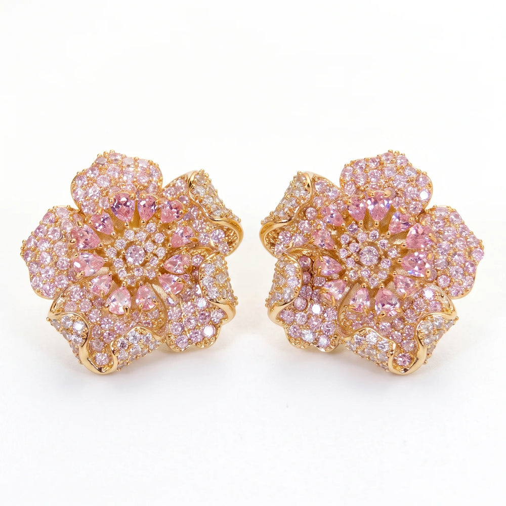 Crystal micro pave bloom flower stud earrings for women - RANGREZ