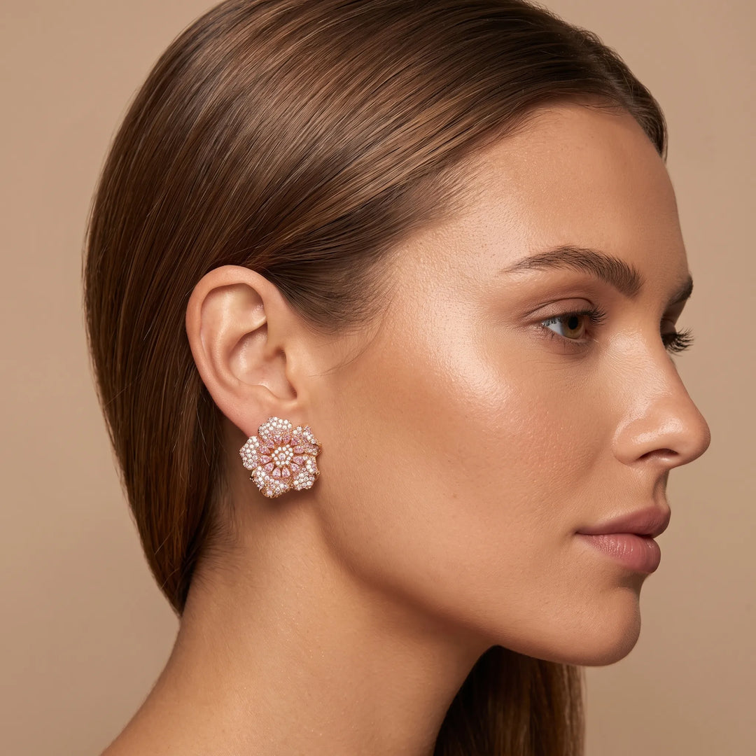 Crystal micro pave bloom flower stud earrings - RANGREZ (view 4)