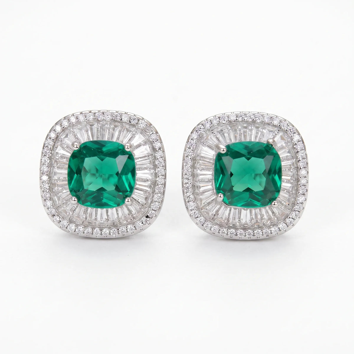 Green Crystal Cushion Baguette Halo Stud Earrings, Rhodium finish