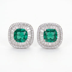 Green Crystal Cushion Baguette Halo Stud Earrings, Rhodium finish