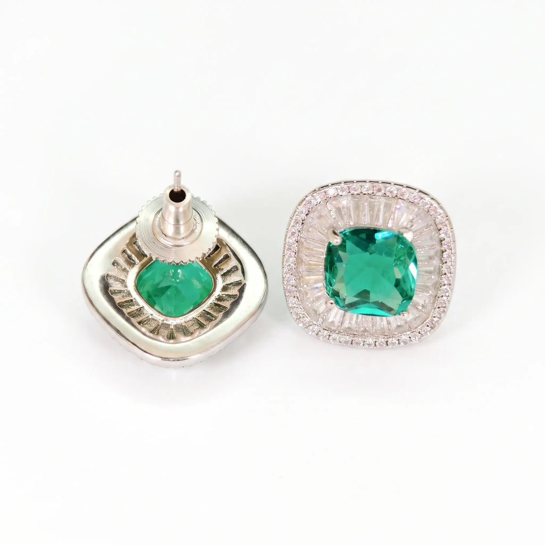 Green crystal halo stud earrings for women, rhodium finish - RANGREZ (view 2)