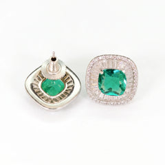 Green Crystal Cushion Baguette Halo Stud Earrings, Rhodium finish