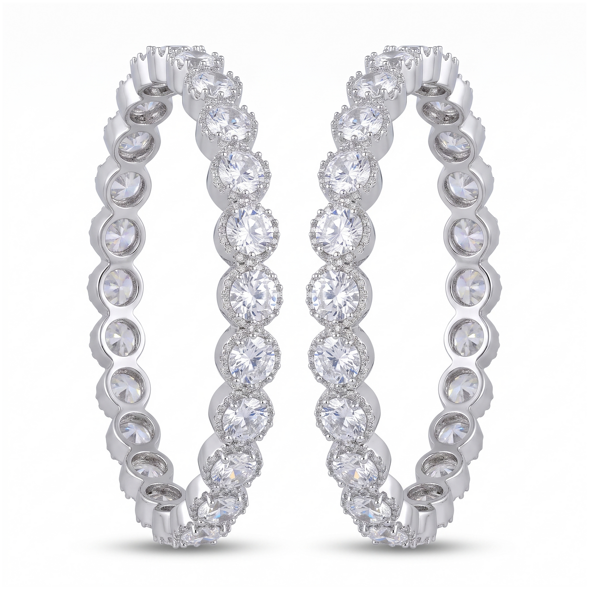 Silver-Tone Round Crystal Bangle Pair
