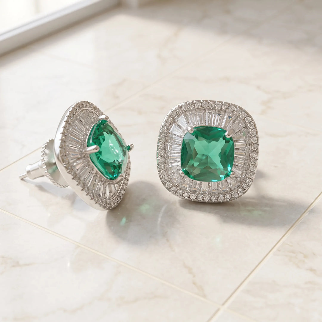 Green crystal halo stud earrings for women, rhodium finish - RANGREZ (view 3)