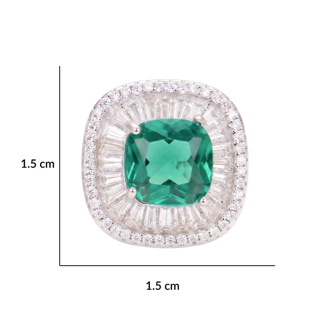 Green crystal halo stud earrings for women, rhodium finish - RANGREZ (view 4)