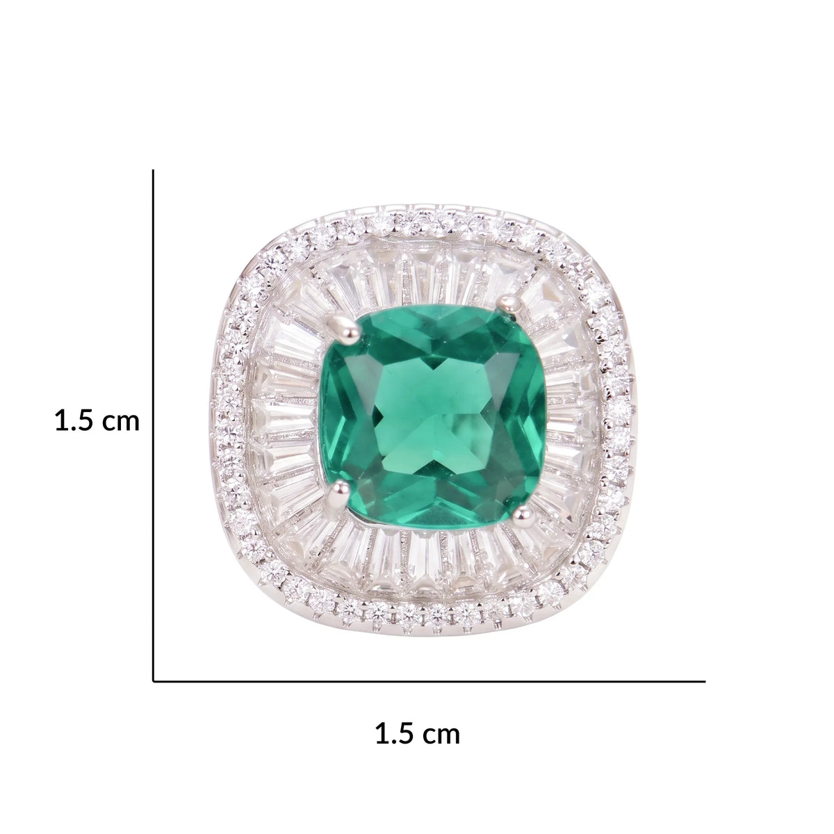 Green Crystal Cushion Baguette Halo Stud Earrings, Rhodium finish