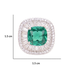 Green Crystal Cushion Baguette Halo Stud Earrings, Rhodium finish
