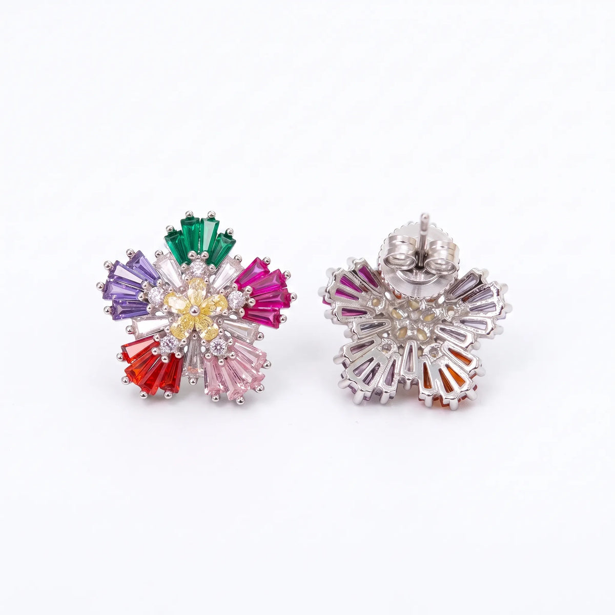 Multicolour Crystal Baguette Pinwheel Stud Earrings, Rhodium finish