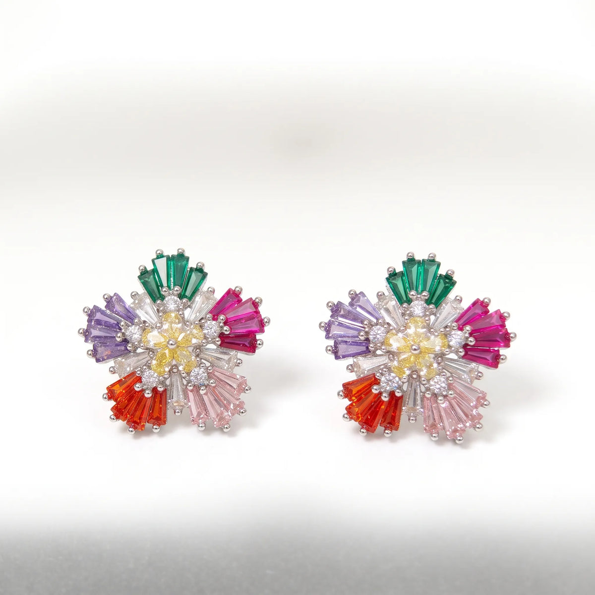 Multicolour Crystal Baguette Pinwheel Stud Earrings, Rhodium finish