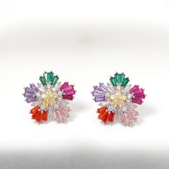 Multicolour Crystal Baguette Pinwheel Stud Earrings, Rhodium finish