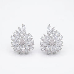 White Crystal Marquise Cluster Stud Earrings, Rhodium finish