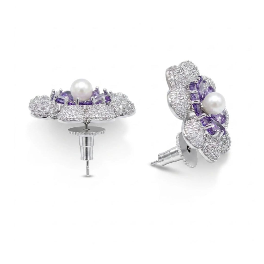 Purple crystal and pearl flower stud earrings for women - RANGREZ (view 2)
