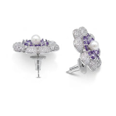 White & Purple Crystal Pearl Flower Stud Earrings, Rhodium finish