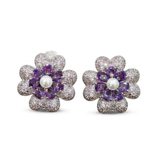 White & Purple Crystal Pearl Flower Stud Earrings, Rhodium finish