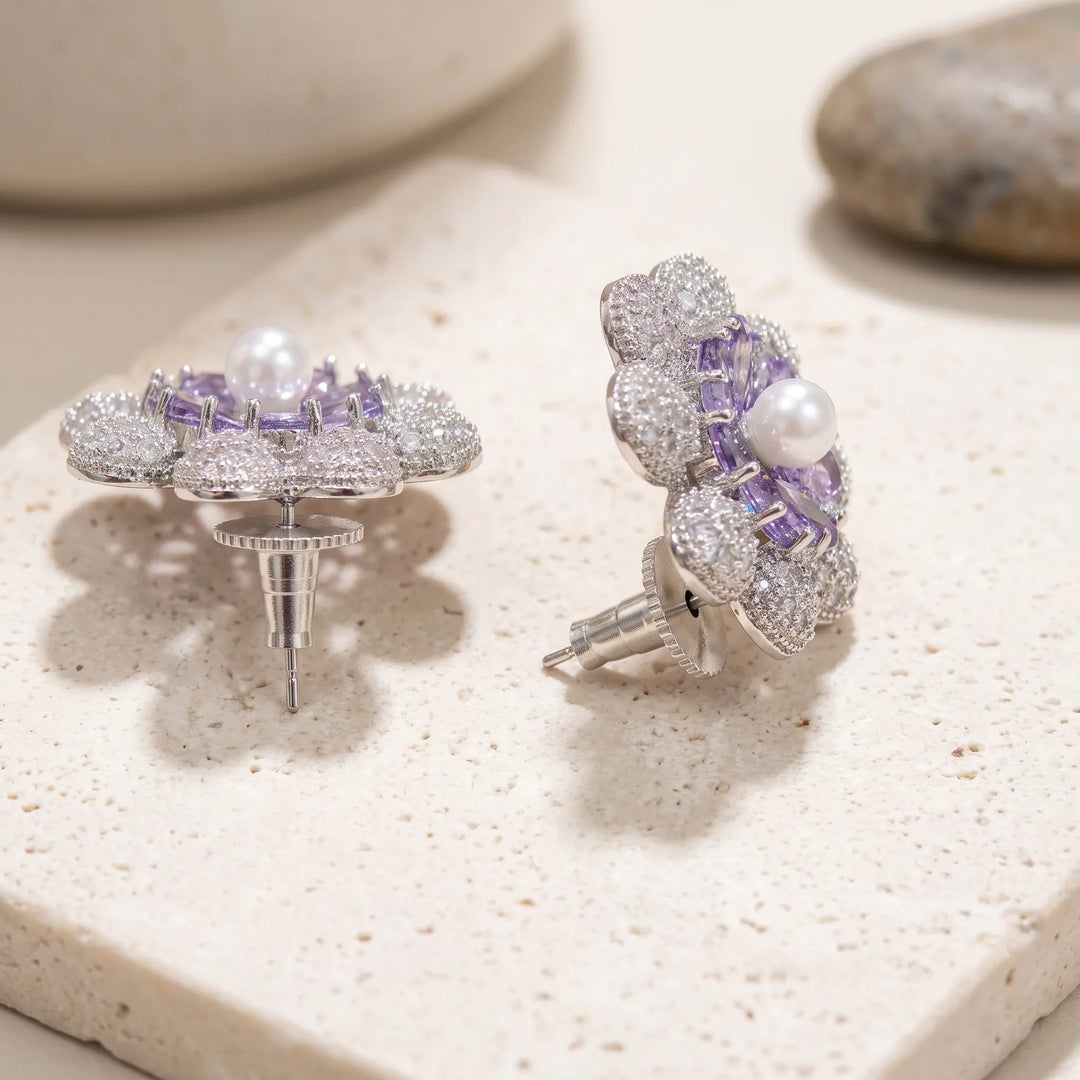 Purple crystal and pearl flower stud earrings for women - RANGREZ (view 4)