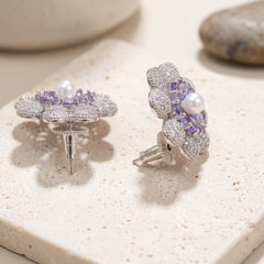 White & Purple Crystal Pearl Flower Stud Earrings, Rhodium finish