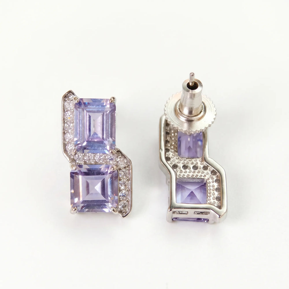 Square cut crystal stud earrings for women, CZ halo - RANGREZ (view 2)