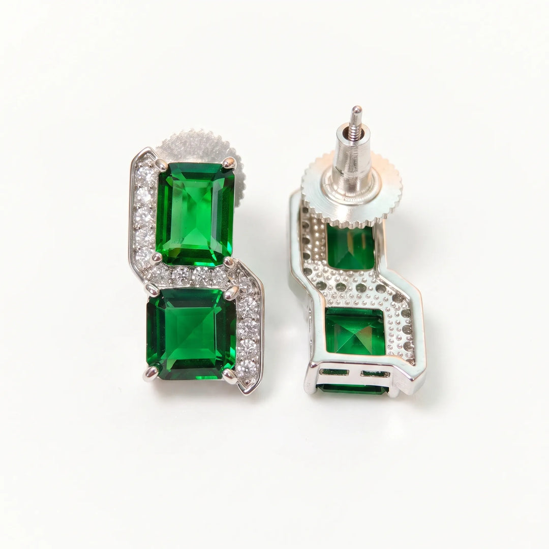 Square cut crystal stud earrings for women, CZ halo - RANGREZ (view 11)