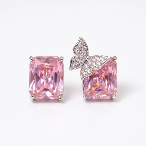 Purple Butterfly Emerald-Cut Stud Earrings – Silver-Tone CZ Pave Studs