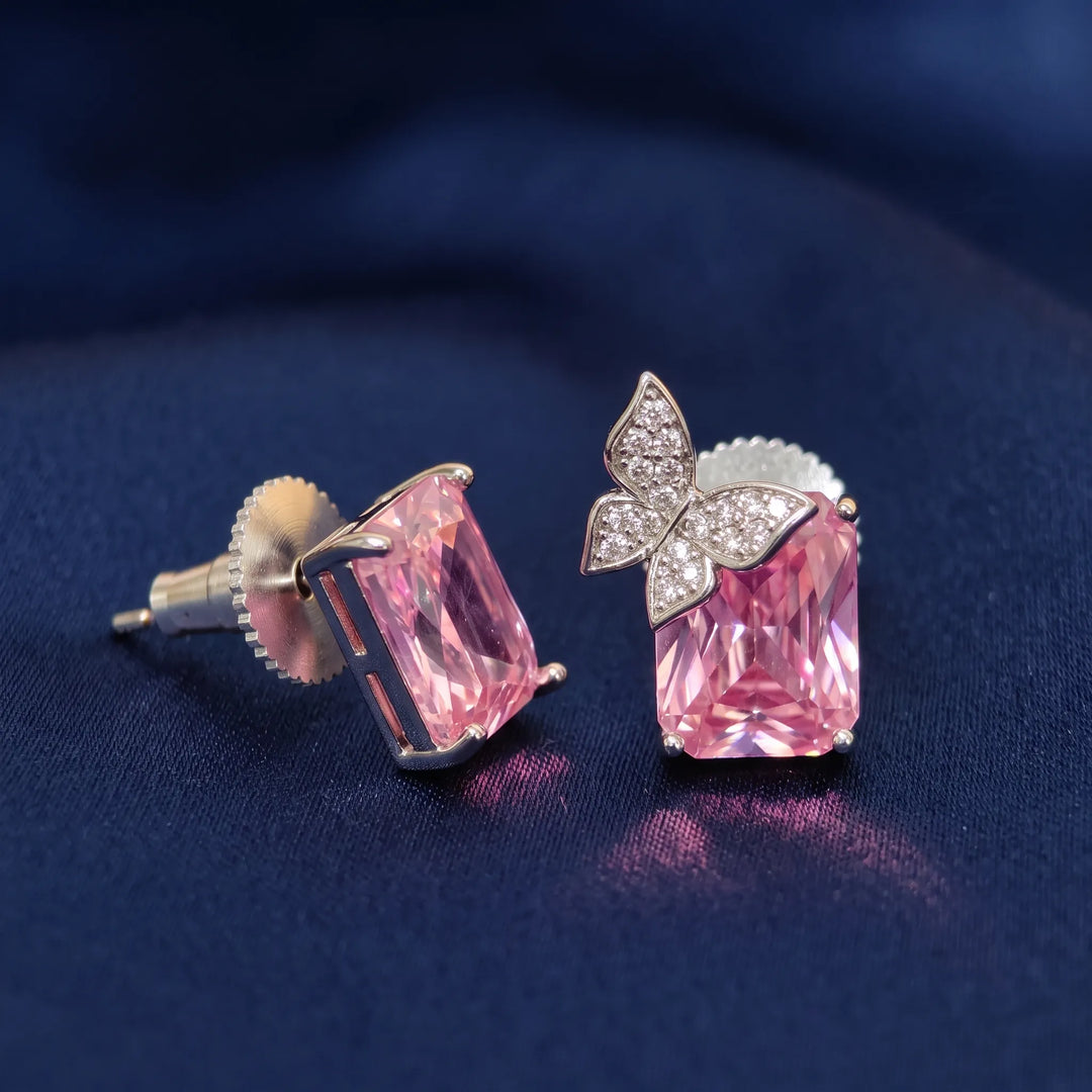 Purple butterfly stud earrings for women, silver tone CZ - RANGREZ (view 5)