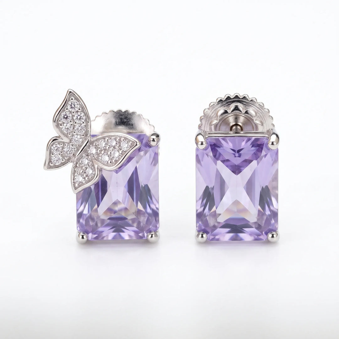 Purple butterfly stud earrings for women, silver tone CZ - RANGREZ (view 2)