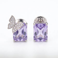Purple Butterfly Emerald-Cut Stud Earrings – Silver-Tone CZ Pave Studs