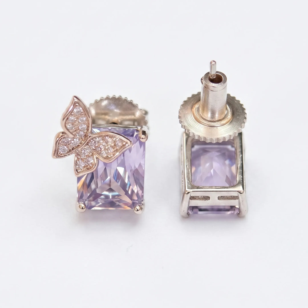 Purple butterfly stud earrings for women, silver tone CZ - RANGREZ (view 7)