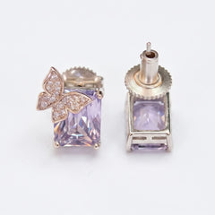 Purple Butterfly Emerald-Cut Stud Earrings – Silver-Tone CZ Pave Studs