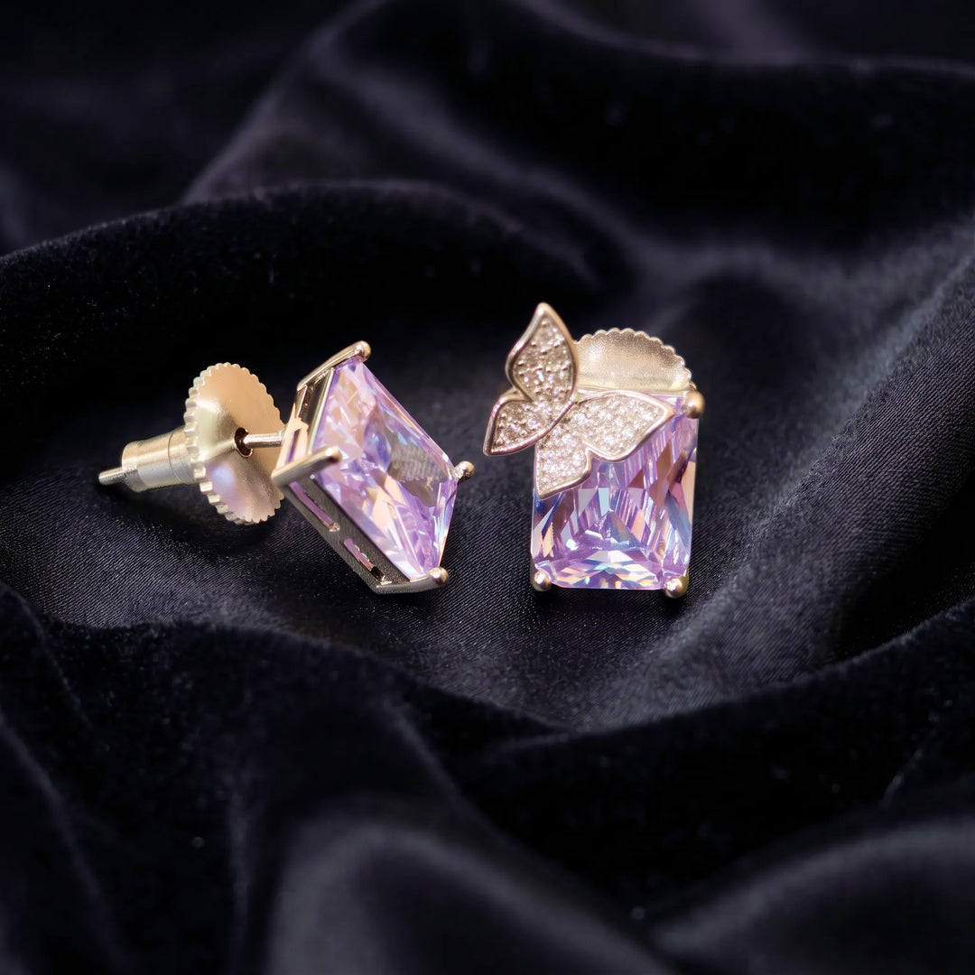 Purple butterfly stud earrings for women, silver tone CZ - RANGREZ (view 8)