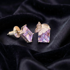Purple Butterfly Emerald-Cut Stud Earrings – Silver-Tone CZ Pave Studs