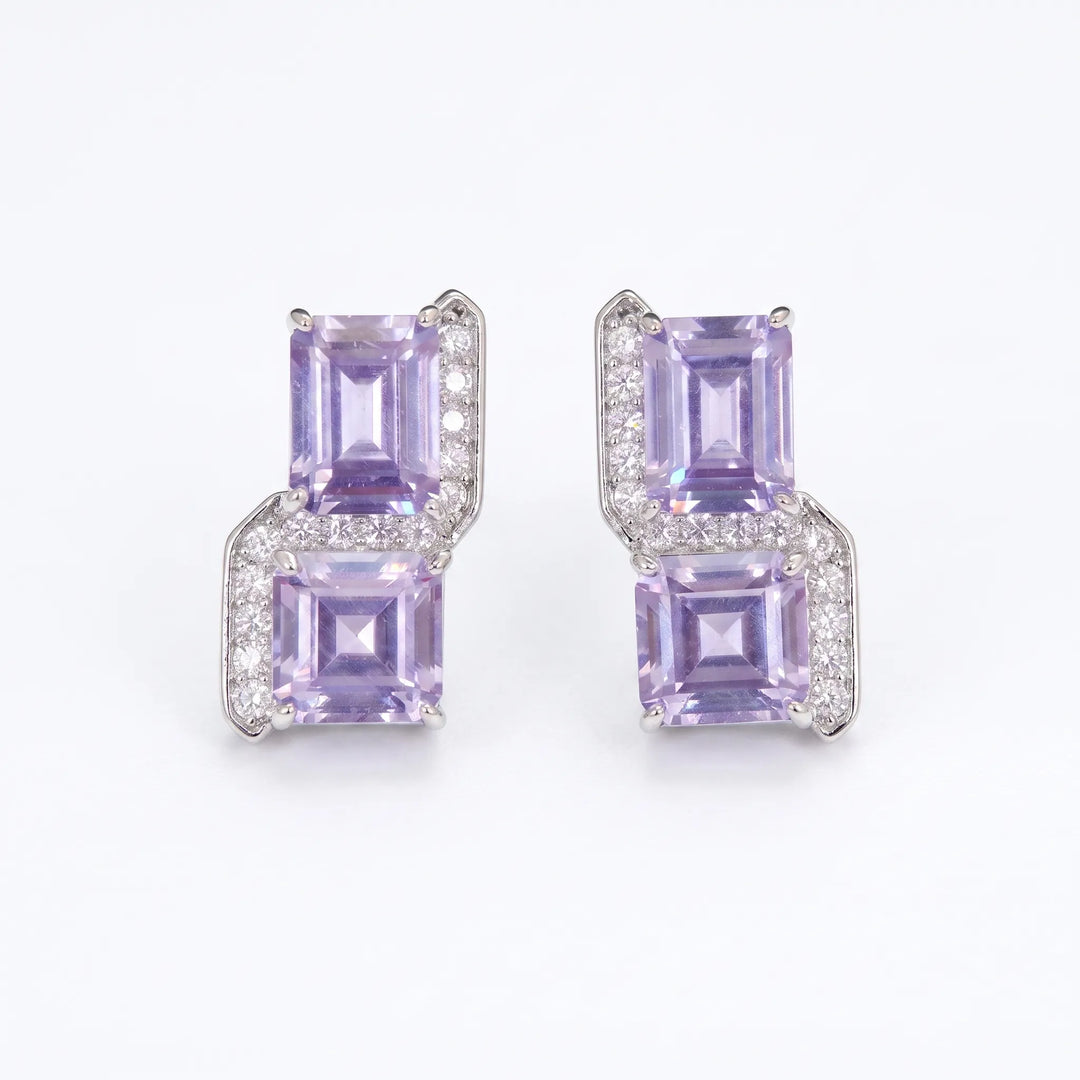 Square cut crystal stud earrings for women, CZ halo - RANGREZ (view 6)