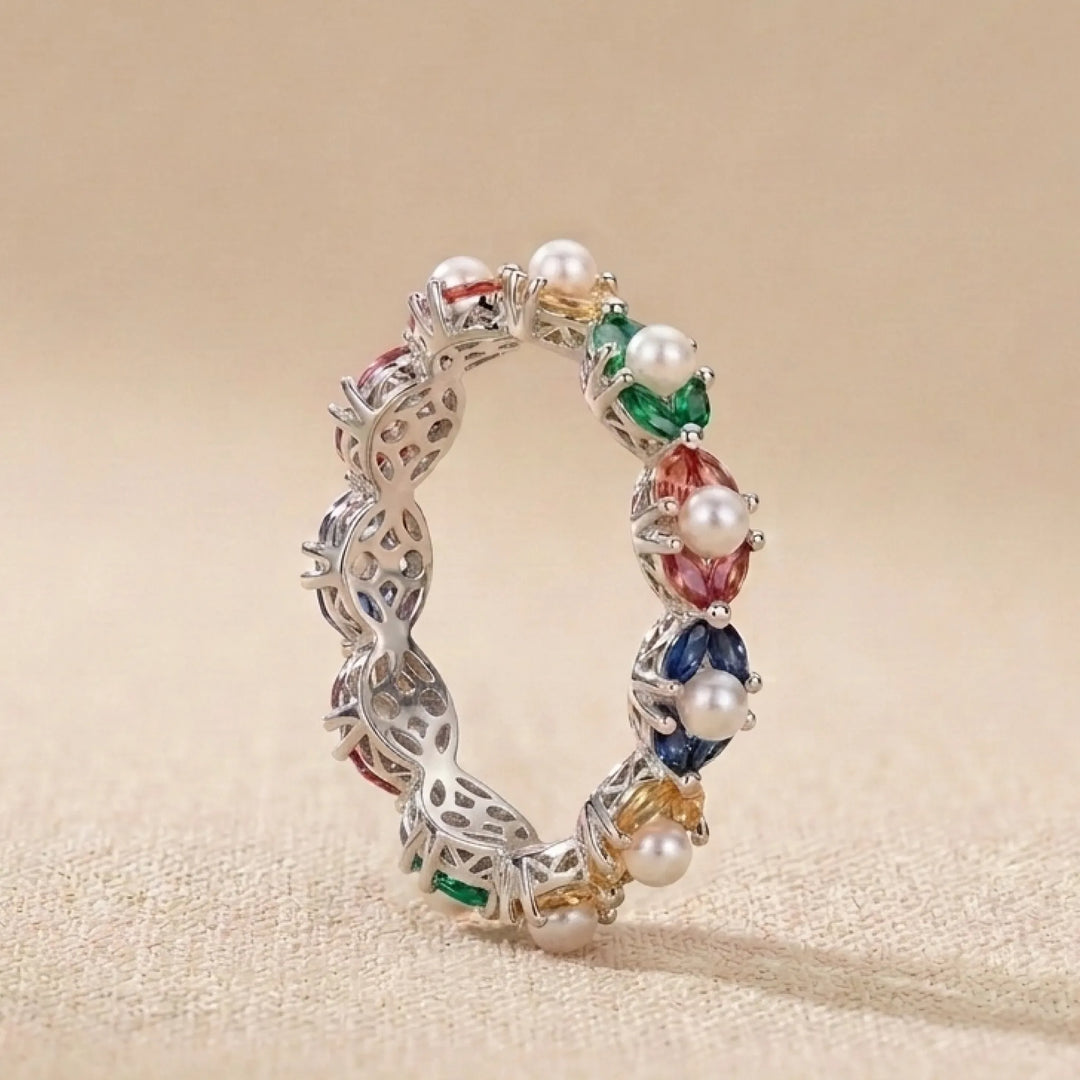 Pearl and CZ half eternity ring for women, silver tone - RANGREZ (view 5)