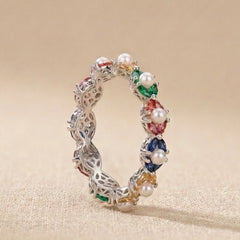 Multicolour Pearl & CZ Half-Eternity Band Ring – Silver-Tone Stackable Ring