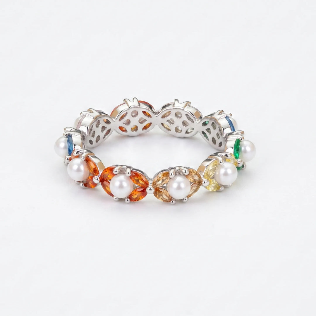Pearl and CZ half eternity ring for women, silver tone - RANGREZ (view 4)