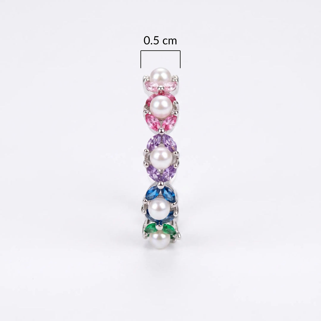 Pearl and CZ half eternity ring for women, silver tone - RANGREZ (view 3)