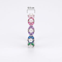 Multicolour Pearl & CZ Half-Eternity Band Ring – Silver-Tone Stackable Ring