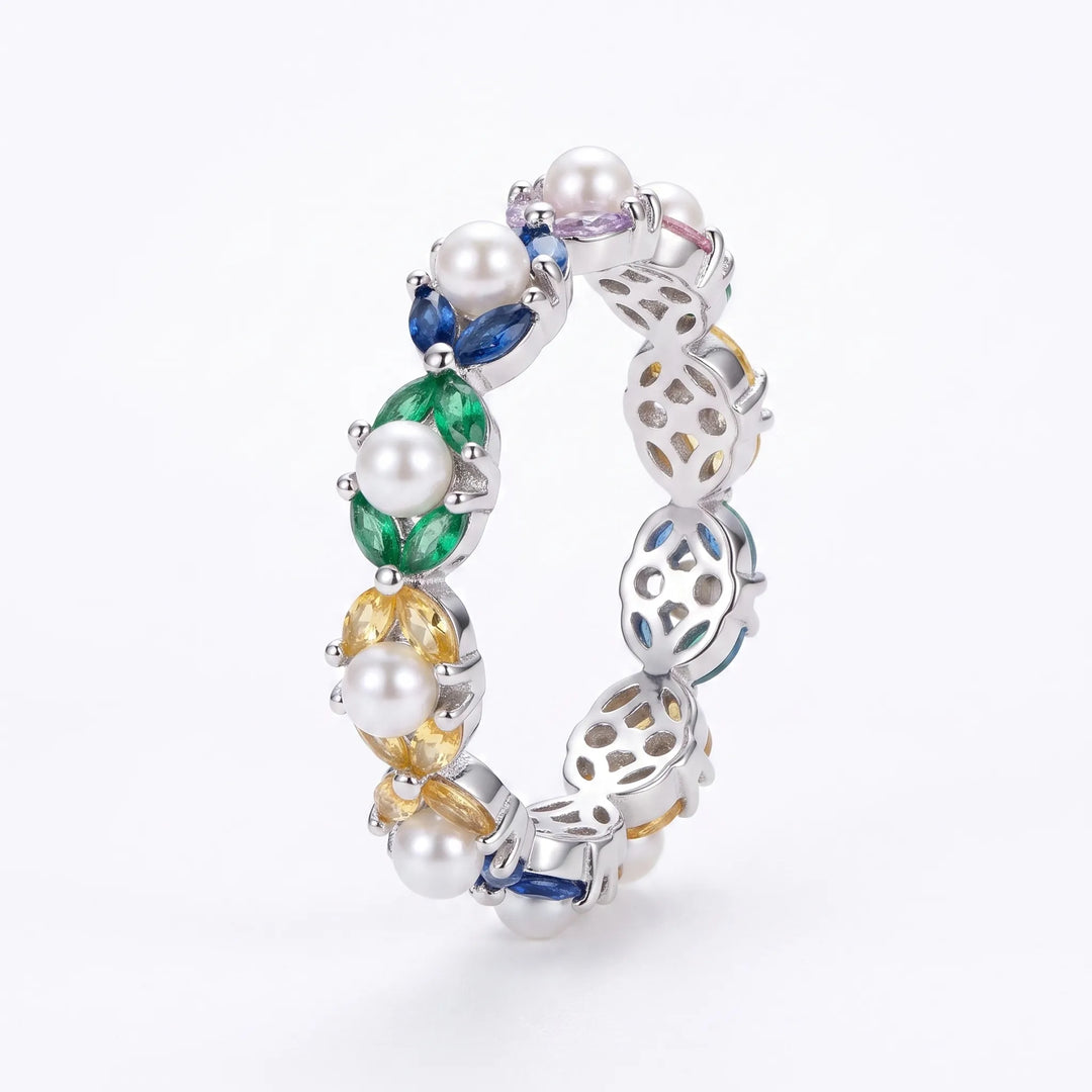 Pearl and CZ half eternity ring for women, silver tone - RANGREZ (view 2)