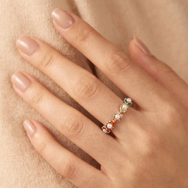 Multicolour Pearl & CZ Half-Eternity Band Ring – Silver-Tone Stackable Ring