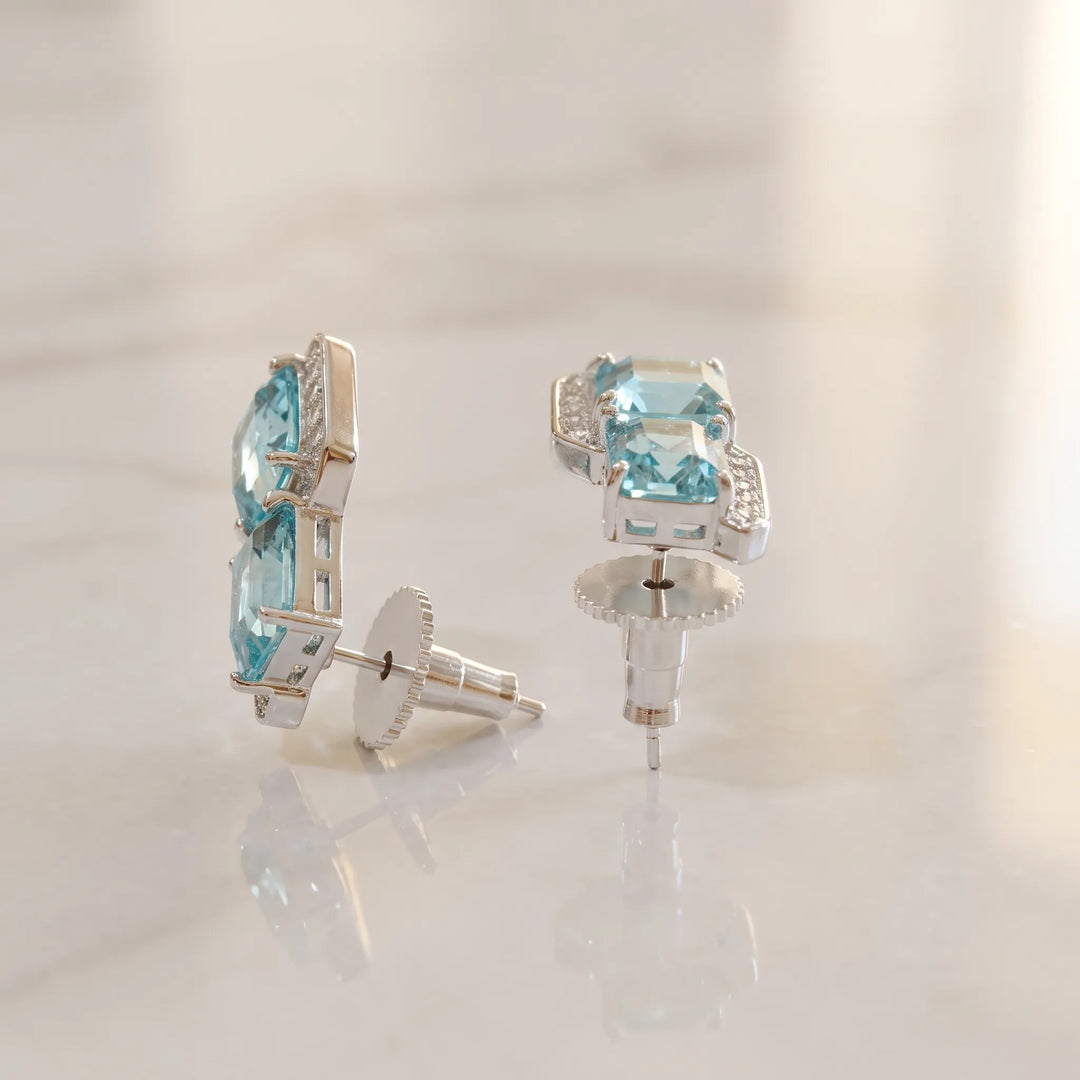 Square cut crystal stud earrings for women, CZ halo - RANGREZ (view 15)