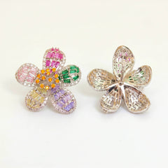 Multicolour Crystal Baguette Flower Stud Earrings, Rhodium finish