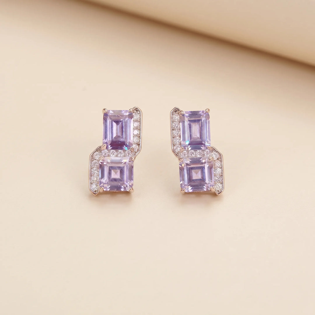 Square cut crystal stud earrings for women, CZ halo - RANGREZ (view 4)