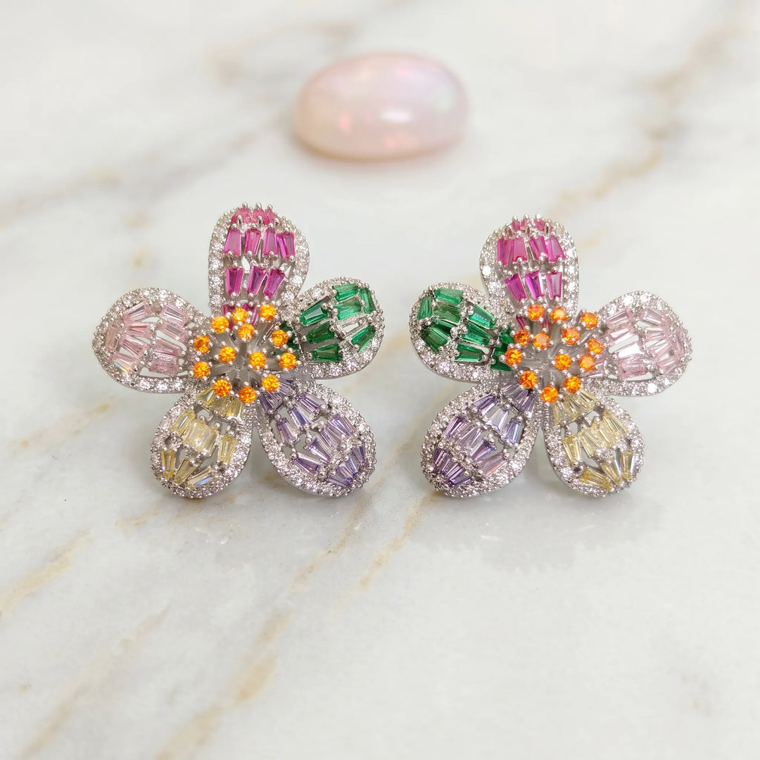 Rainbow crystal flower stud earrings for women - RANGREZ (view 5)
