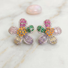 Multicolour Crystal Baguette Flower Stud Earrings, Rhodium finish