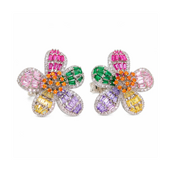 Multicolour Crystal Baguette Flower Stud Earrings, Rhodium finish