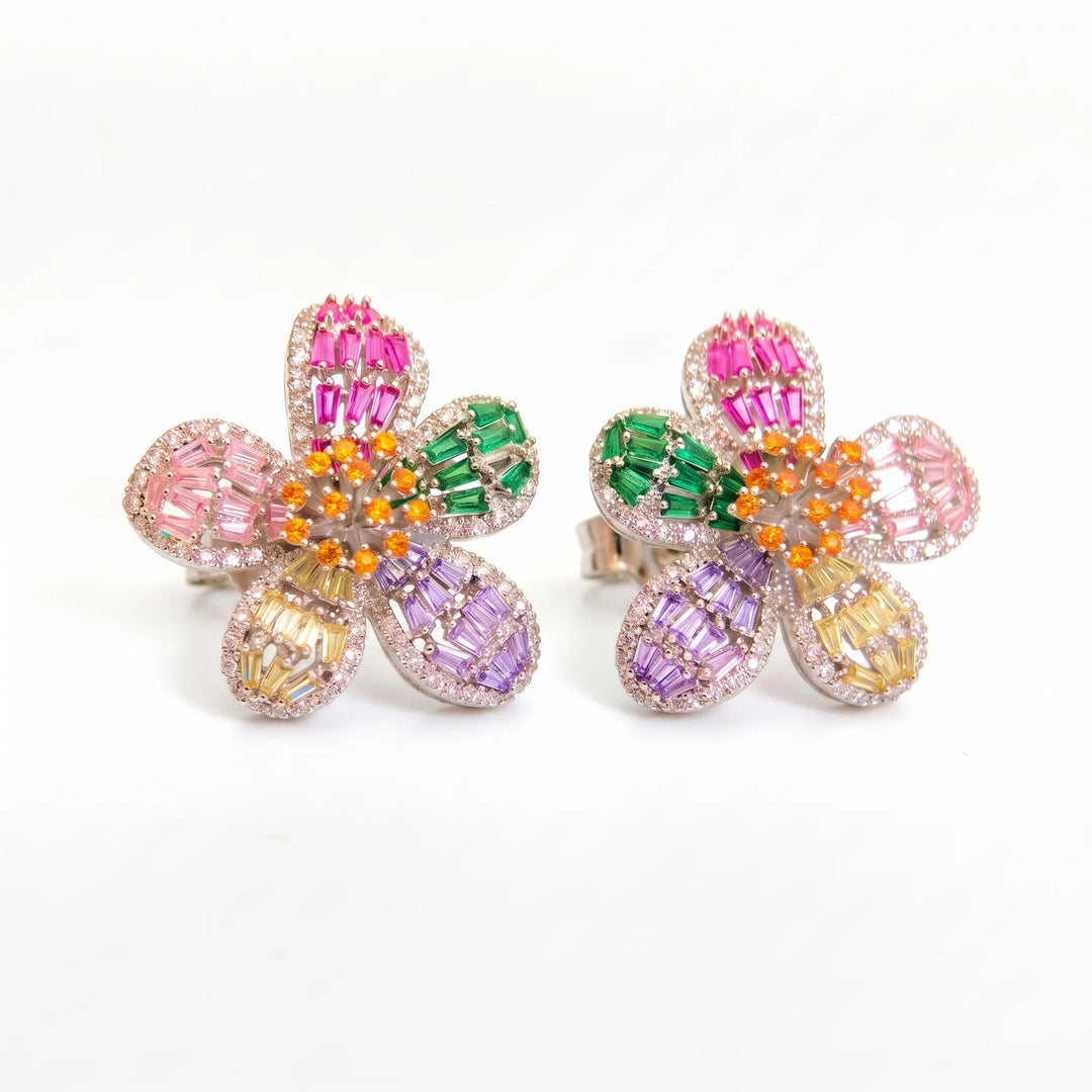 Rainbow crystal baguette flower stud earrings for women, rhodium finish - RANGREZ